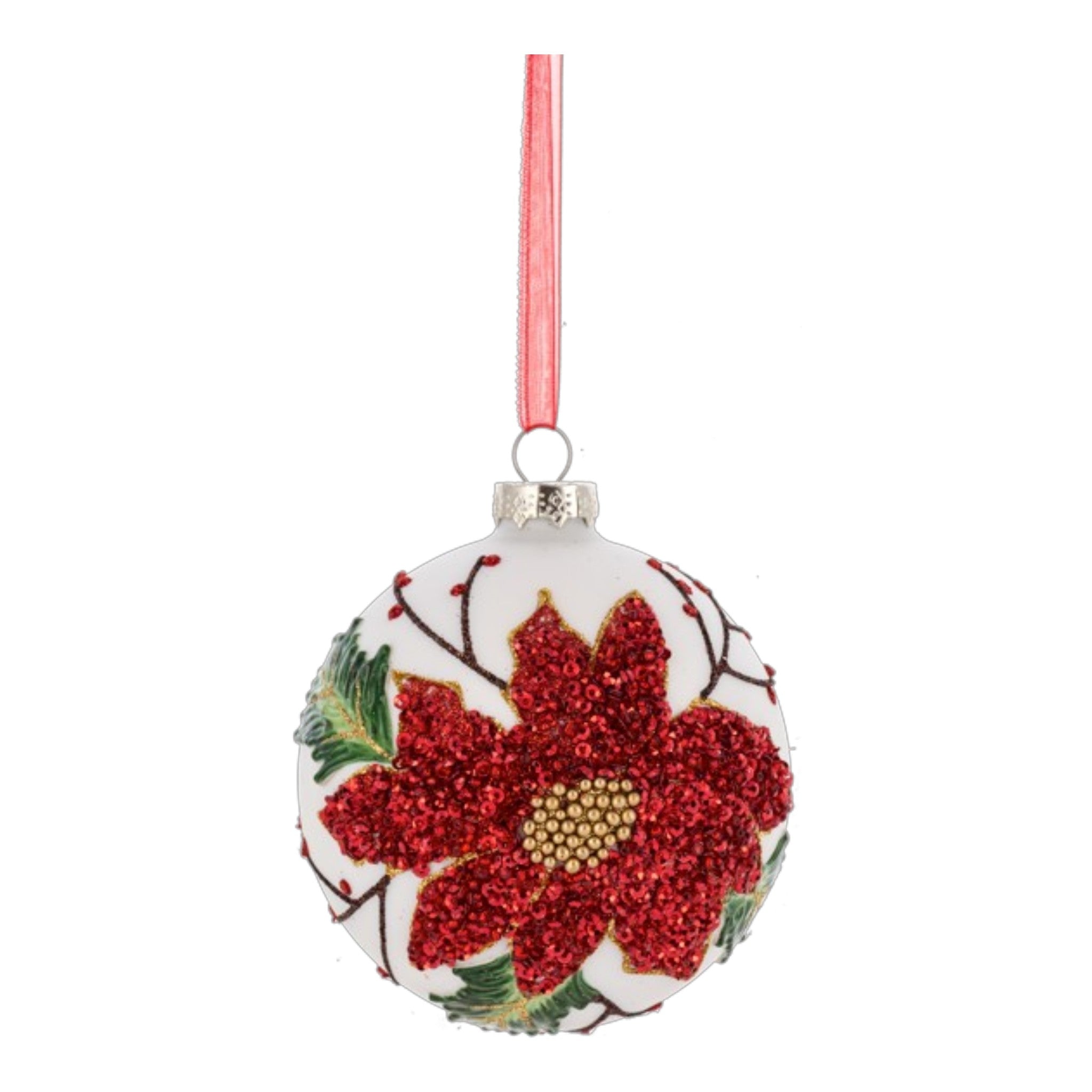 Ornament Poinsettia White Glass  4" Dia.