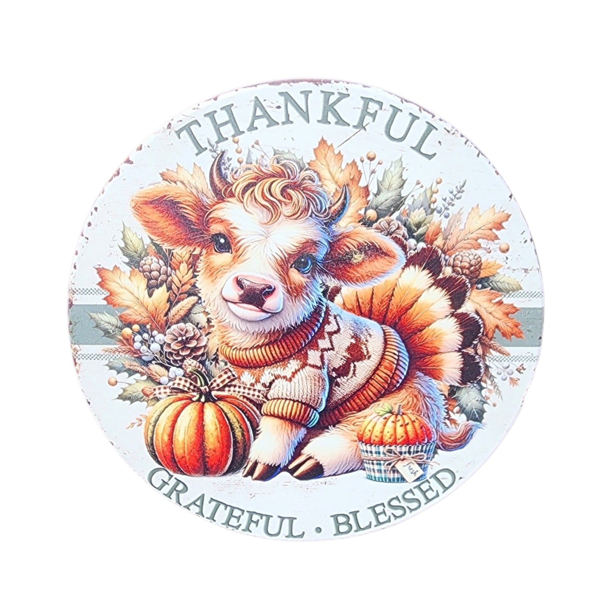 10" Round Sign Cow Thankful Grateful Blessed