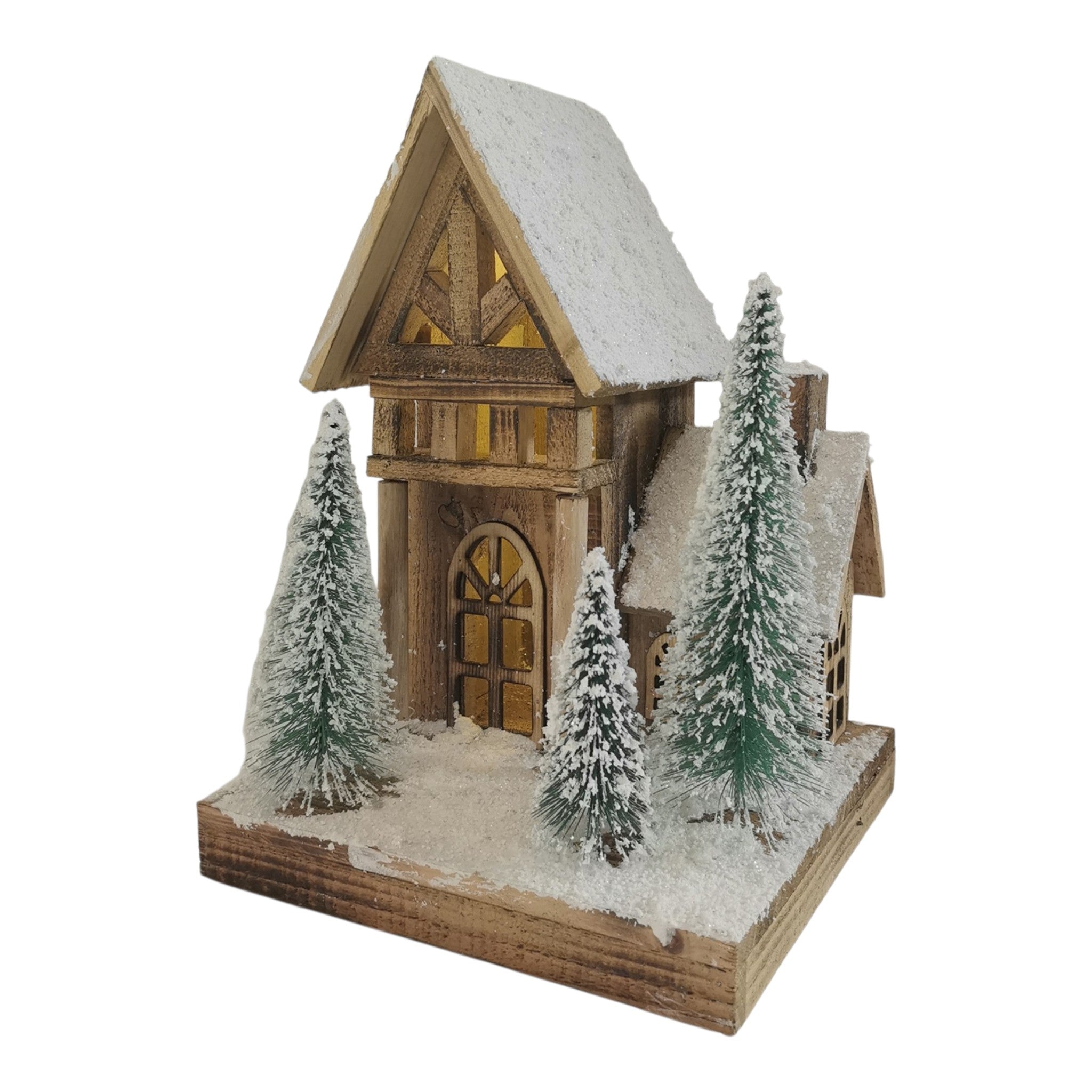 Wooden House LED Brown with Trees 14"x10"