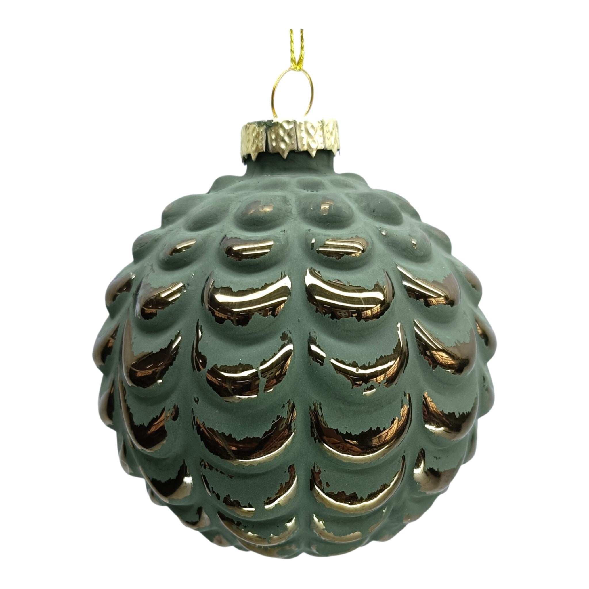 Ornament Glass Ball 3" Green Matte Embossed Scallop