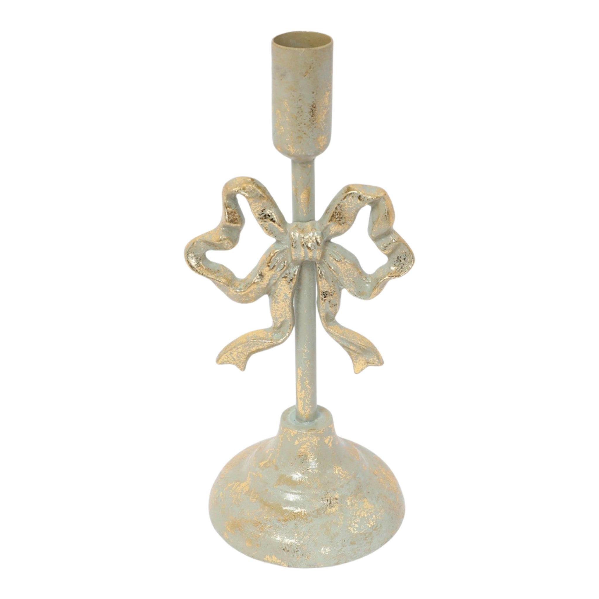 Candle Holder Taper Antique Gold with Bow 9.5"