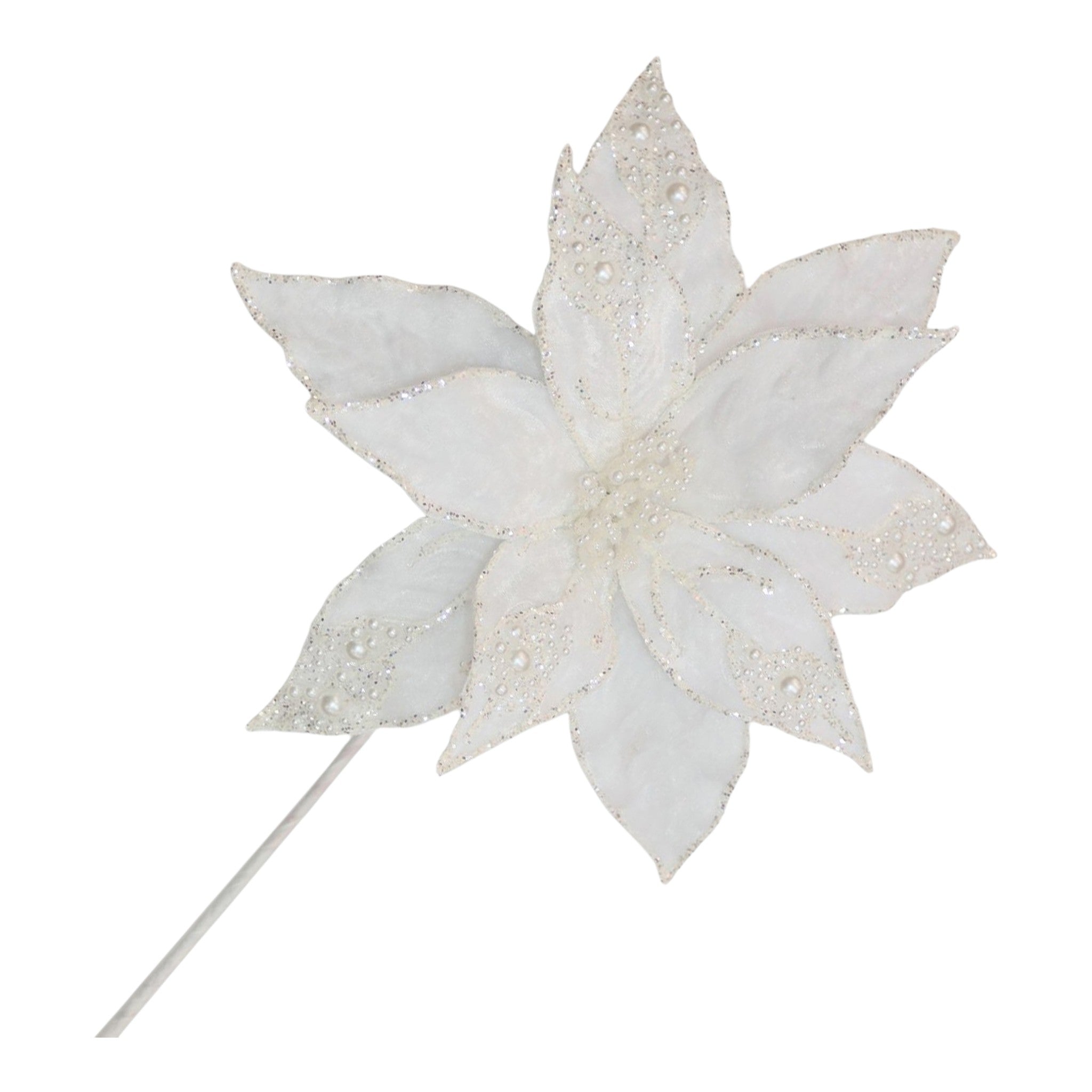 Poinsettia Stem Velvet White w/Beads 20"x11"
