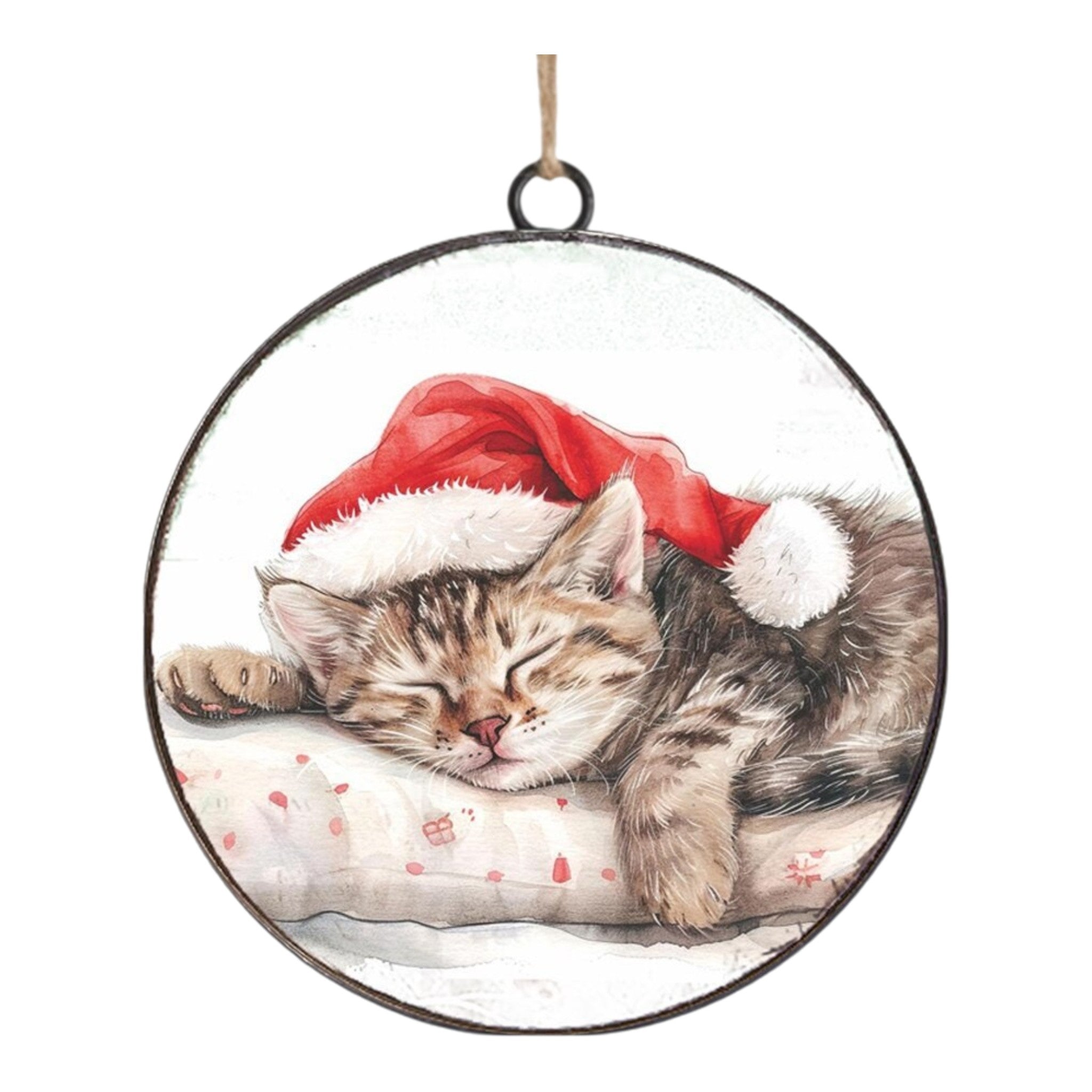 Ornament Metal Disc Sleeping Tabby 4"