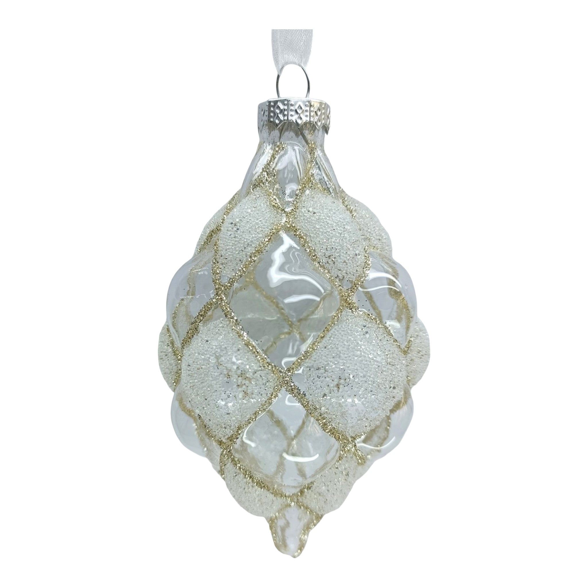 Ornament Glass Olive Clear White Champagne Diamond Grid 5"