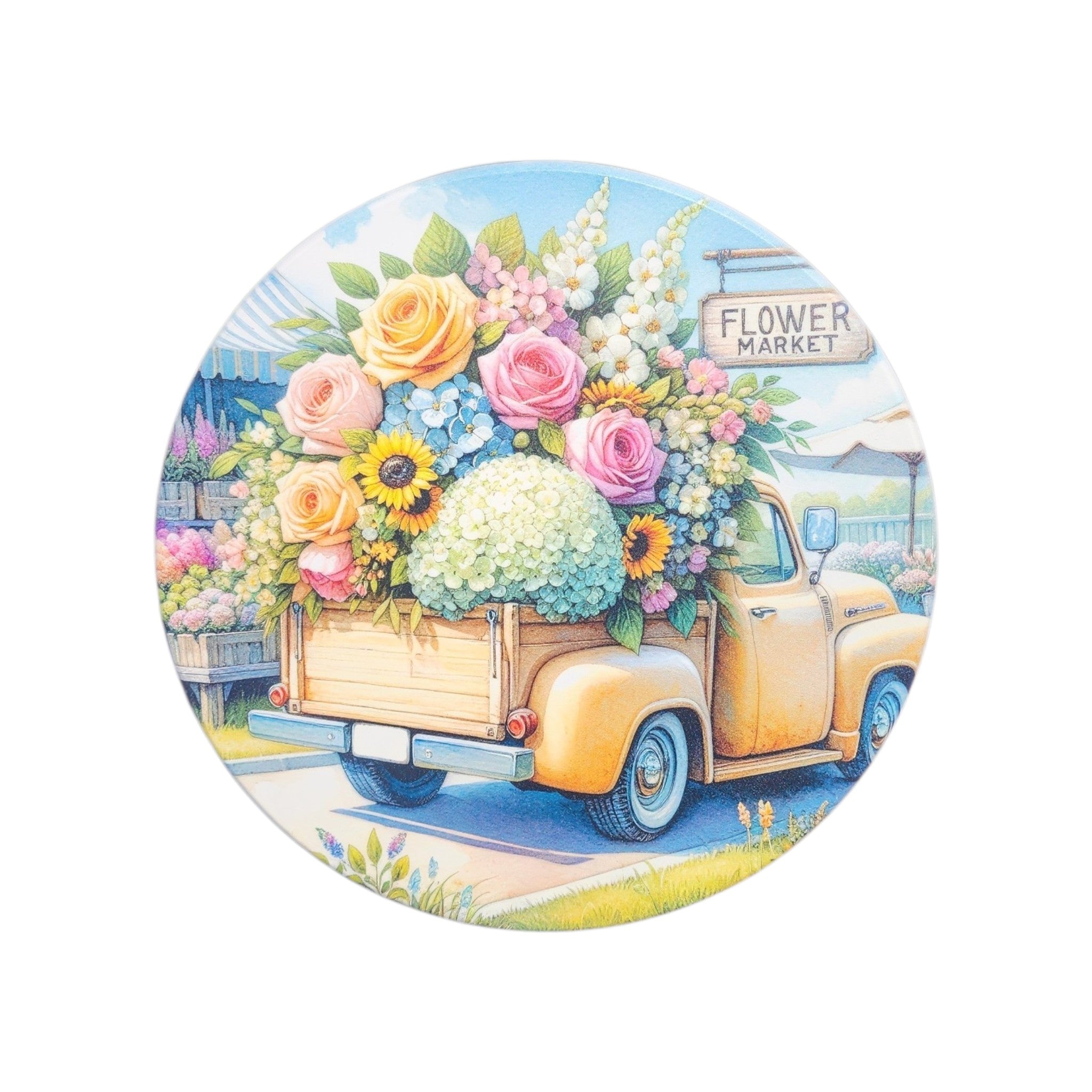 10" Round Sign Flower Market Yellow Truck